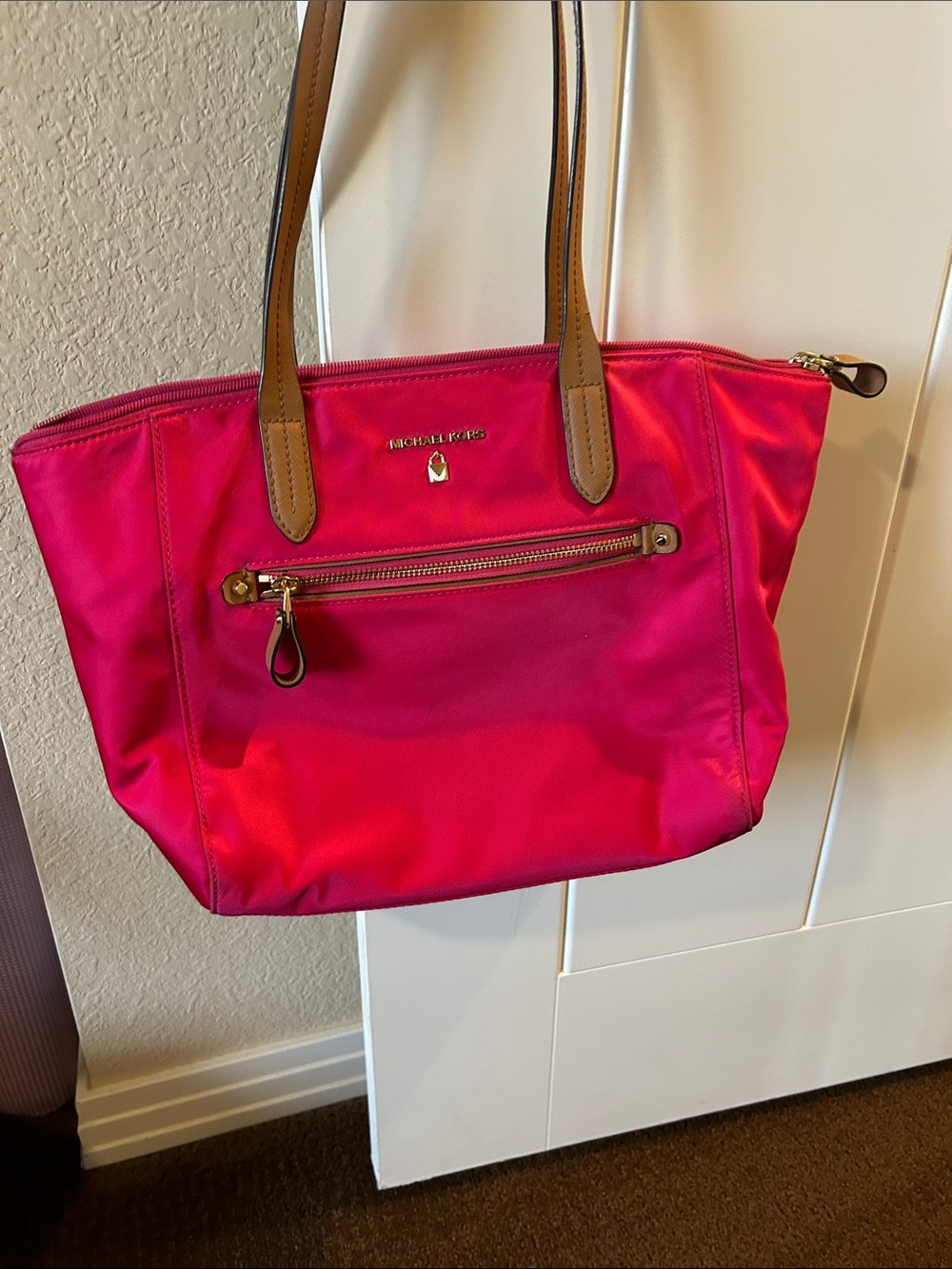 MICHAEL KORS Hot Pink Tote with Tan Straps